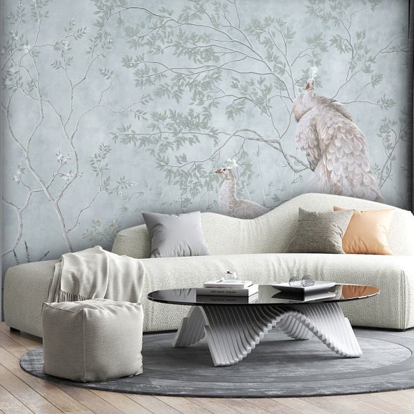Mint Zeminde Beyaz Tavuskuşları Tasarım Duvar Kağıdı