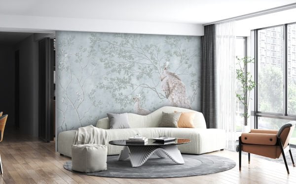 Mint Zeminde Beyaz Tavuskuşları Tasarım Duvar Kağıdı