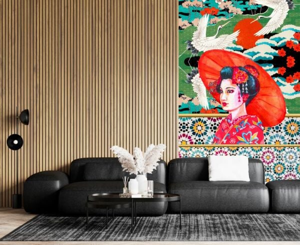 Kırmızı Şemsiyeli Kadın Ve Leylekler Duvar Kağıdı