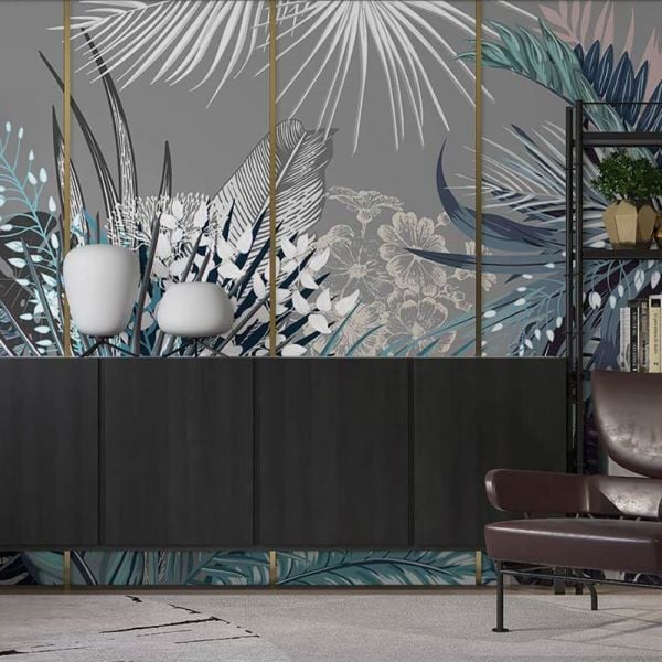 Gri Zeminde Çizim Yapraklar Duvar Kağıdı