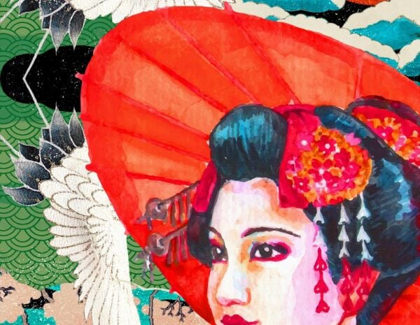 Kırmızı Şemsiyeli Kadın Ve Leylekler Duvar Kağıdı