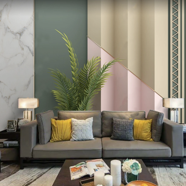 Geometrik Boyutlu Renkli Altın Detaylı Duvar Kağıdı