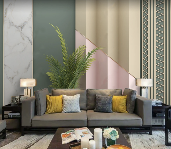 Geometrik Boyutlu Renkli Altın Detaylı Duvar Kağıdı