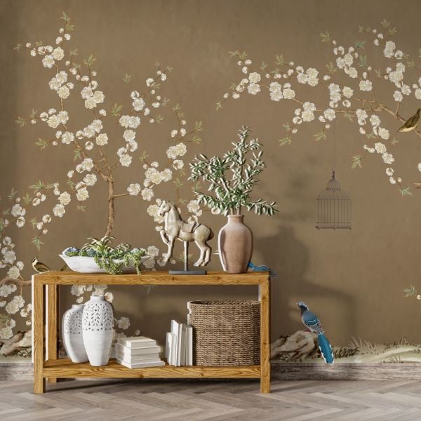 Cappucino Renk Zemin Çiçekler Duvar Kağıdı