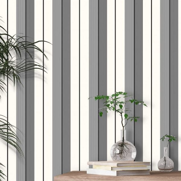 Beyaz Siyah Antrasit Çizgili Duvar Kağıdı