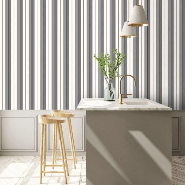 Beyaz Siyah Antrasit Çizgili Duvar Kağıdı