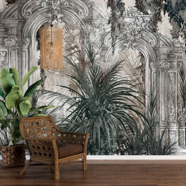 Oymalı Sütunlar Kapılar Ağaçlı Duvar Kağıdı