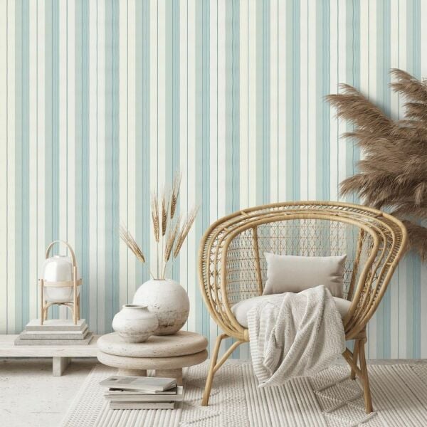 Mint Beyaz Mavi Şeritli Duvar Kağıdı