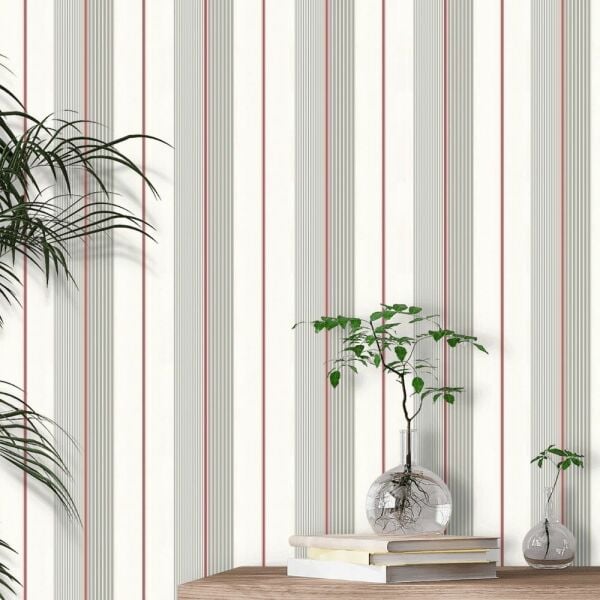 Granit Kırmızı Beyaz Çizgili Duvar Kağıdı