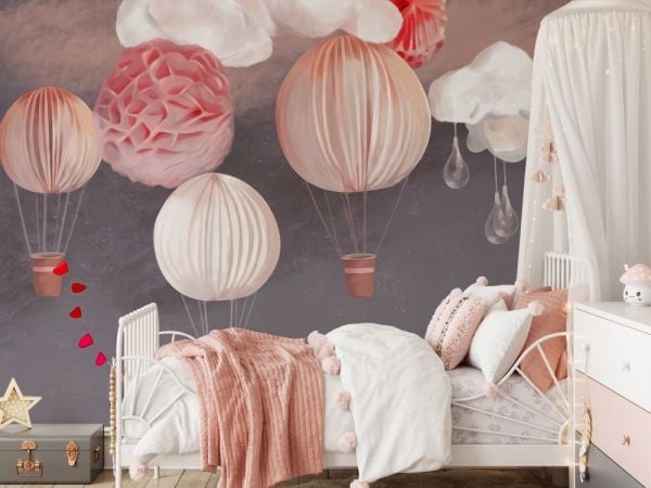 Saten Kumaşlı Uçan Hava Balonları Tasarım Duvar Kağıdı