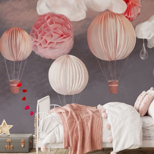 Saten Kumaşlı Uçan Hava Balonları Tasarım Duvar Kağıdı