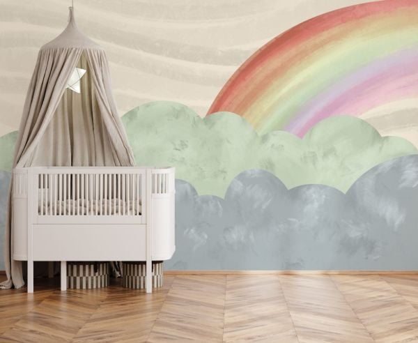 Bulutlar İçinde Pastel Renkler Gökkuşağı Duvar Kağıdı