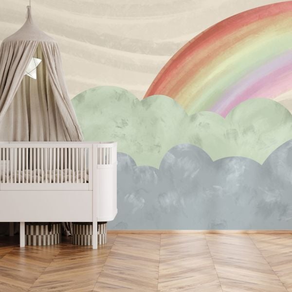 Bulutlar İçinde Pastel Renkler Gökkuşağı Duvar Kağıdı