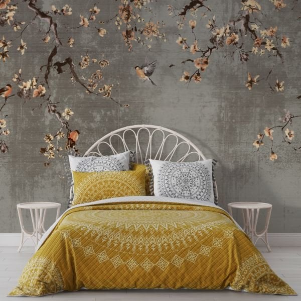 Antrasit Zeminde Serçe Kuşları Sarmaşık Duvar Kağıdı