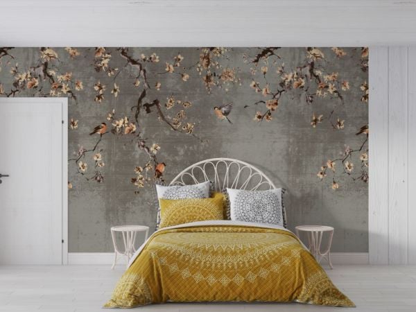 Antrasit Zeminde Serçe Kuşları Sarmaşık Duvar Kağıdı