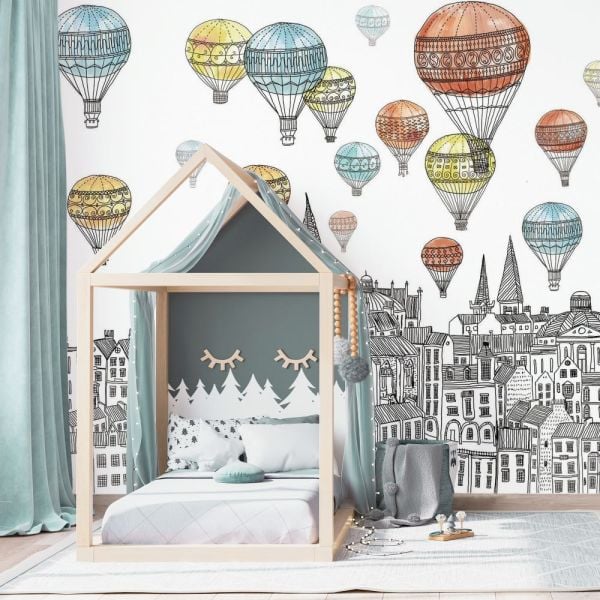 Karikatür Çizimli Binalar Hava Balonları Duvar Kağıdı