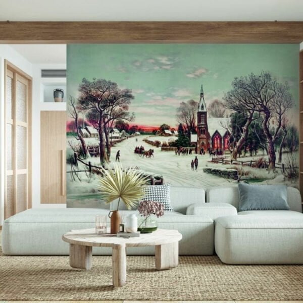 Karlar İçinde Kasaba At Arabası Yağlı Boya Çizim Duvar Kağıdı
