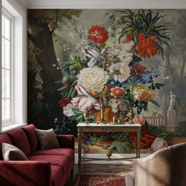 Uva Melekli Vazoda Şakayık Çiçekler Duvar Kağıdı