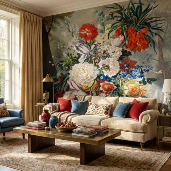 Uva Melekli Vazoda Şakayık Çiçekler Duvar Kağıdı