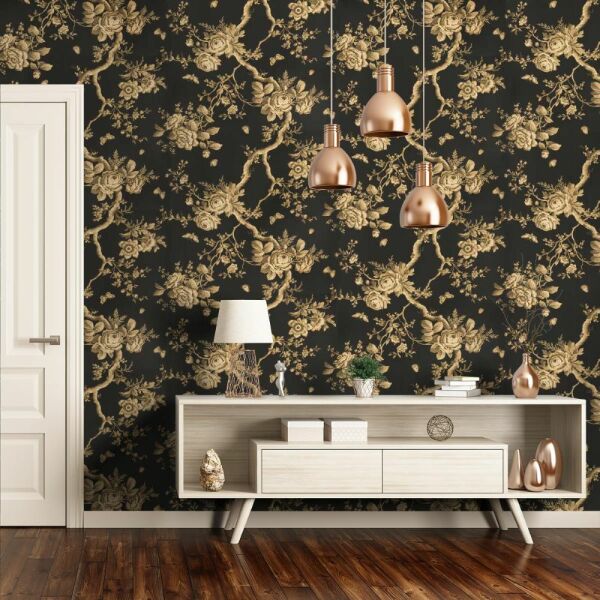Ashfield Floral Antrasit Kahve Çiçekler Duvar Kağıdı