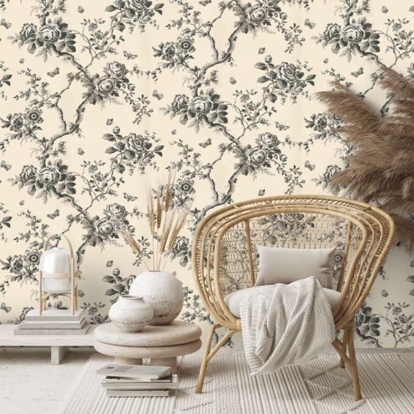 Ashfield Floral Bej Antrasit Çiçekler Duvar Kağıdı