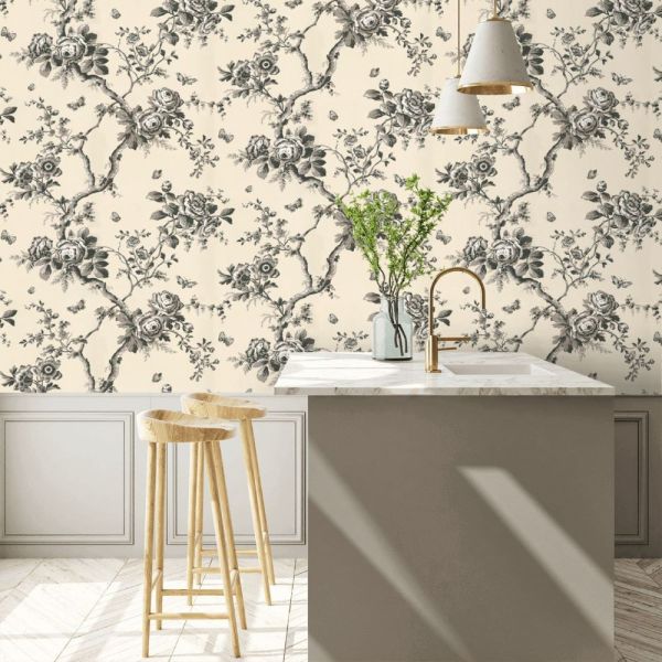 Ashfield Floral Bej Antrasit Çiçekler Duvar Kağıdı