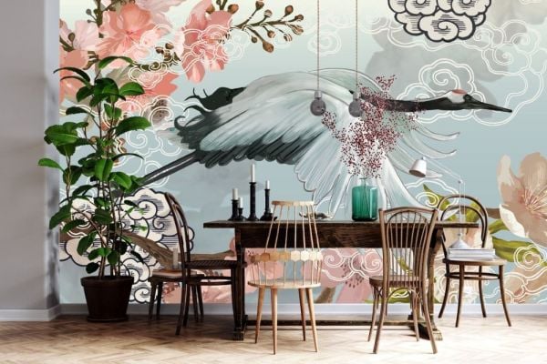 Balıkçı Kuşları Suluboya Çiçekler Duvar Kağıdı