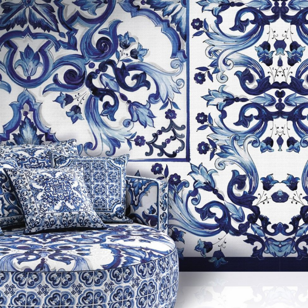 Blue Çiçekler Çerçeveli Karo Desen Pano Duvar Kağıdı