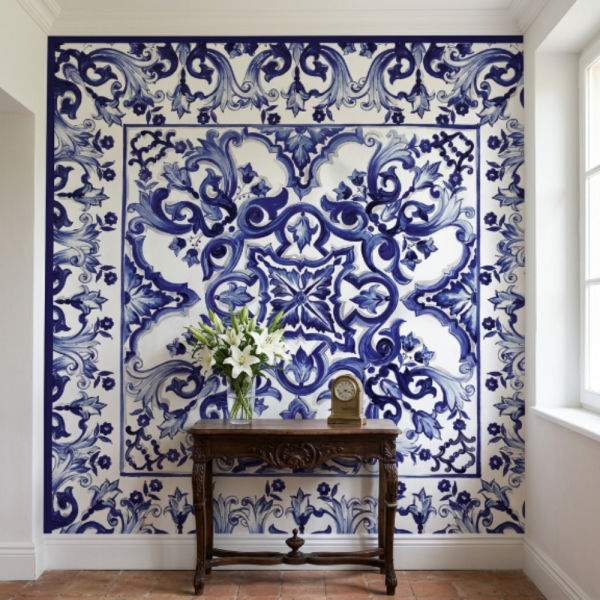 Blue Çiçekler Çerçeveli Karo Desen Pano Duvar Kağıdı