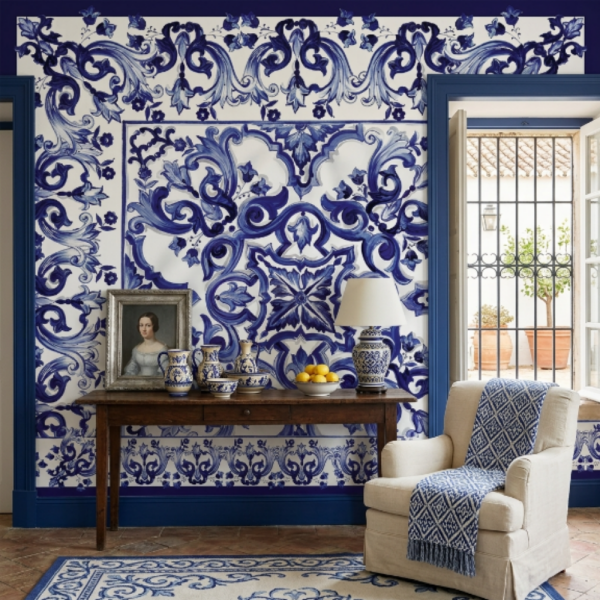 Blue Çiçekler Çerçeveli Karo Desen Pano Duvar Kağıdı