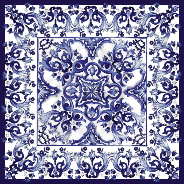 Blue Çiçekler Çerçeveli Karo Desen Pano Duvar Kağıdı