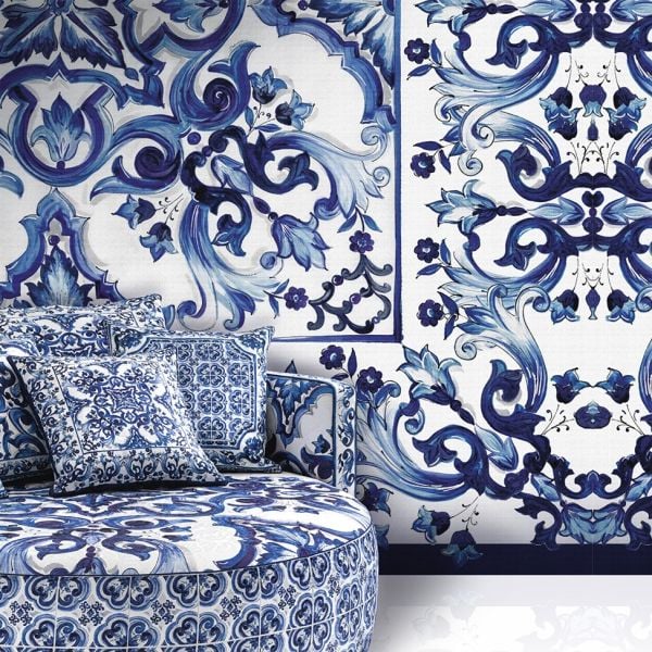 Blue Çiçekler Çerçeveli Karo Desen Pano Duvar Kağıdı