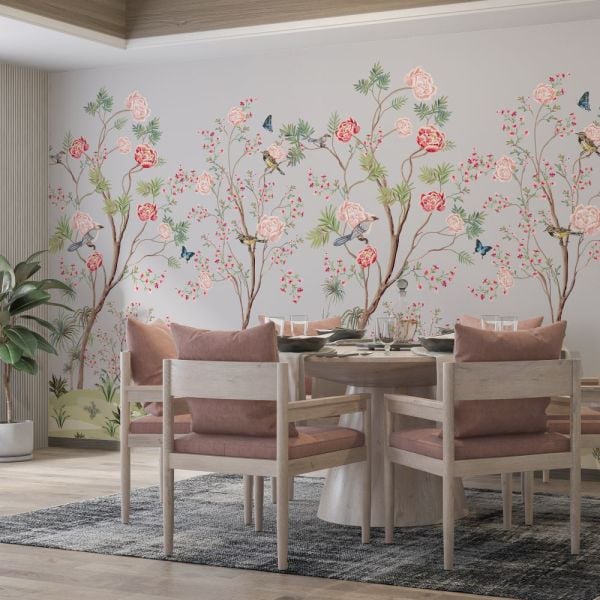 Kiraz Çiçekleri Kuşlar Tasarım Duvar Kağıdı