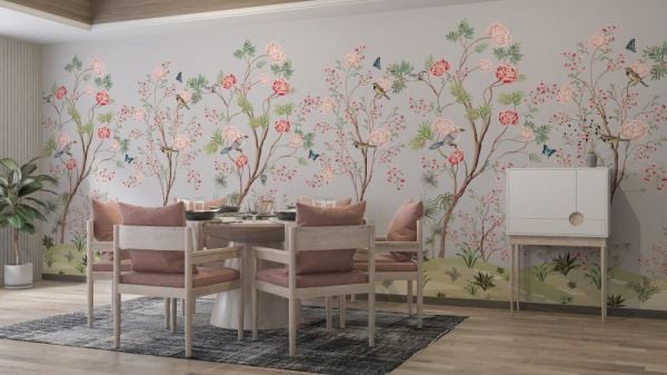 Kiraz Çiçekleri Kuşlar Tasarım Duvar Kağıdı