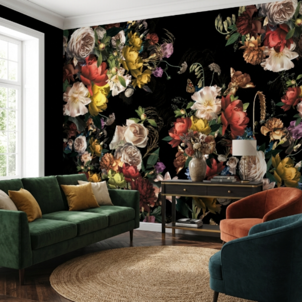 Uva Siyah Zemin Üzerine Güller Çiçekler Duvar Kağıdı