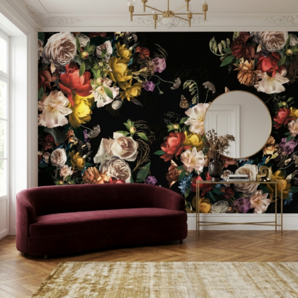 Uva Siyah Zemin Üzerine Güller Çiçekler Duvar Kağıdı