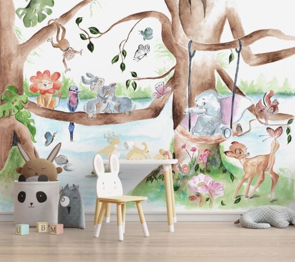 Ağaçta Fil Ceylan Tavşanlar Çizgi Duvar Kağıdı