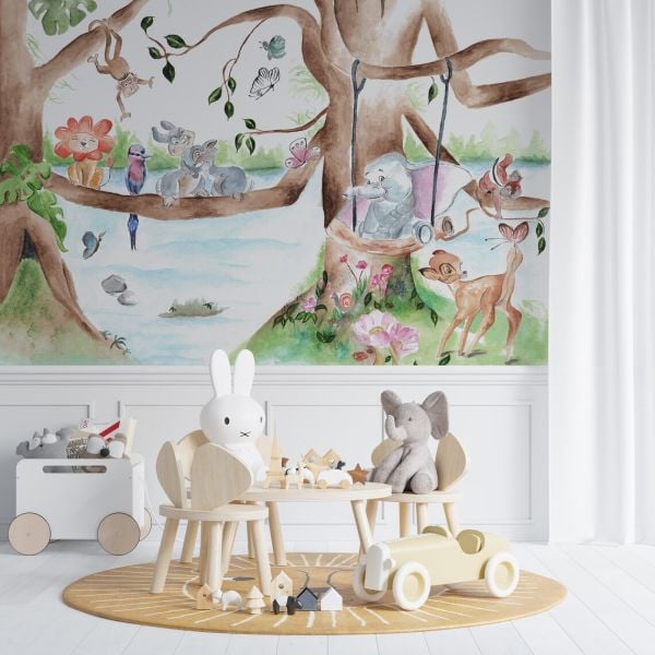 Ağaçta Fil Ceylan Tavşanlar Çizgi Duvar Kağıdı