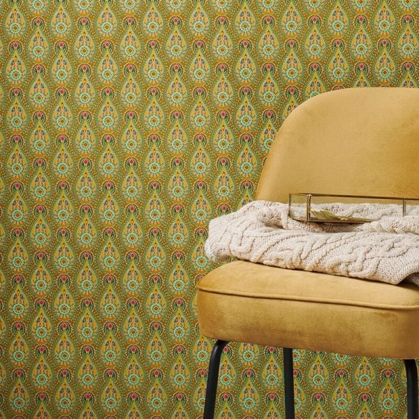 Yağ Yeşili Çiçekli Yağmur Damlaları Duvar Kağıdı