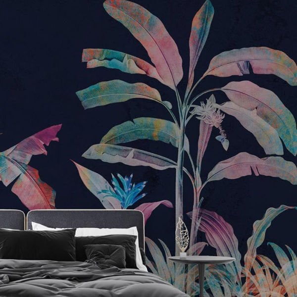 Lacivert Zeminde Tropik Ağaçlar Duvar Kağıdı