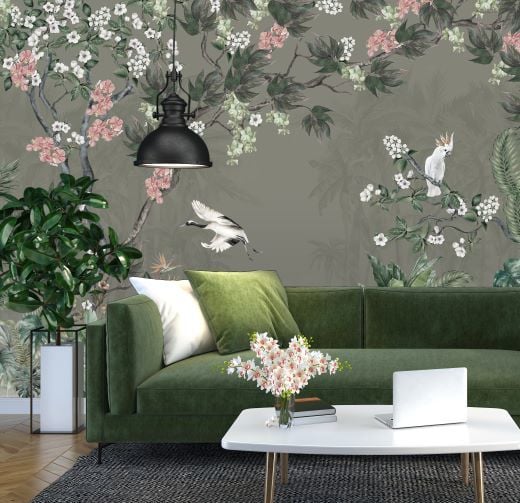 Sakura Çiçekleri Turna Kuşu Papağan Duvar Kağıdı