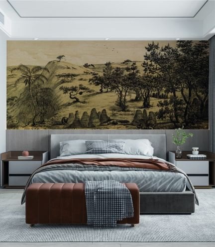 Sepya Renk Küçük Tepelerde Ağaçlar Duvar Kağıdı