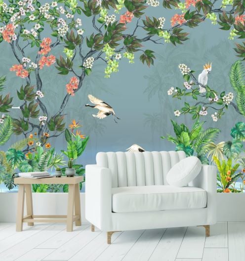 Mavi Zeminde Turna Kuşu Sakura Çiçekler Duvar Kağıdı