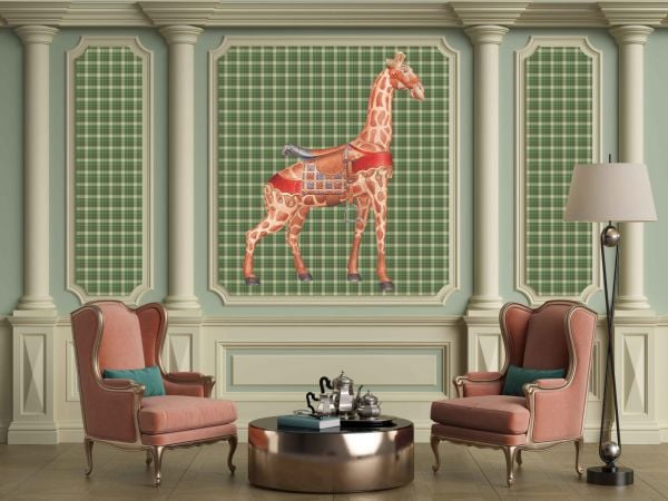 Yeşil Ekose ve Zürafa Duvar Kağıdı