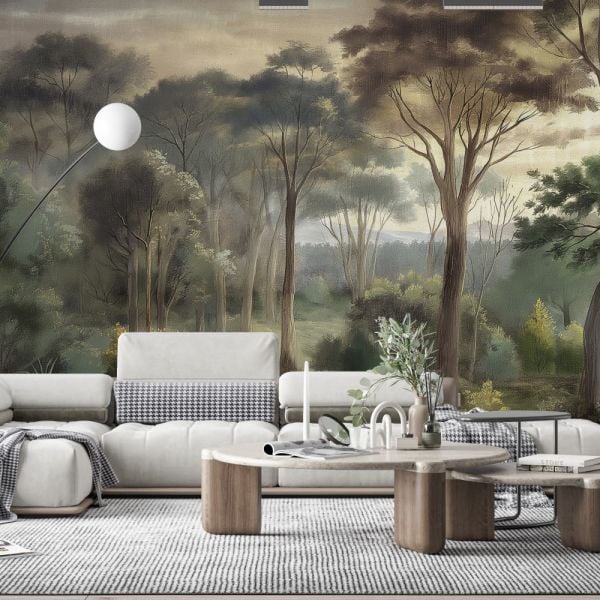 Sulu Boya Çizim Orman Ağaçlar Duvar Kağıdı