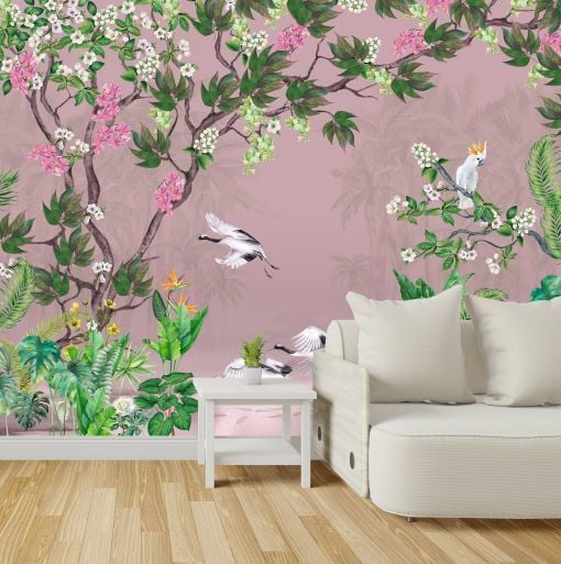 Pembe Zeminde Turna Kuşu Sakura Çiçekler Duvar Kağıdı