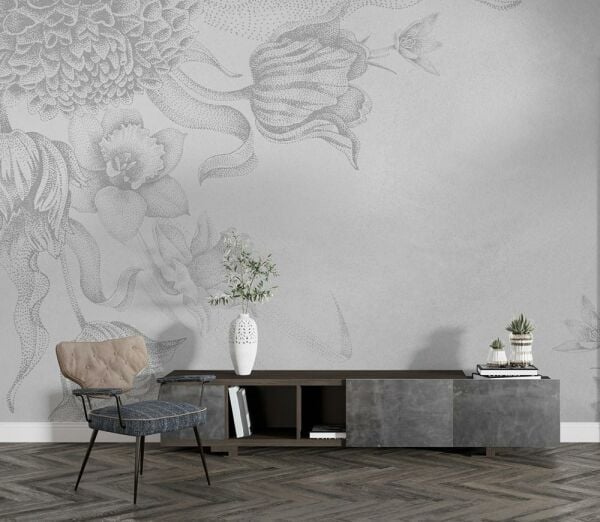 Tasarım Nokta Çalışması Gri Çiçekler Duvar Kağıdı