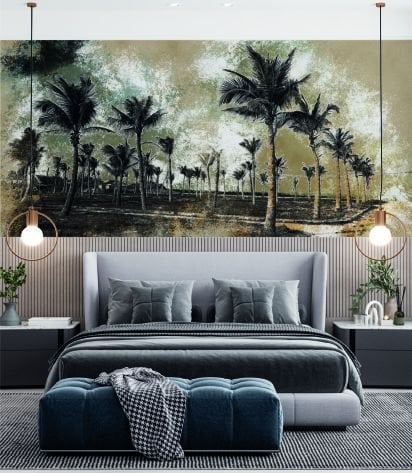 Sepya Zeminde Siyah Çizim Palmiye Ağaçları Duvar Kağıdı
