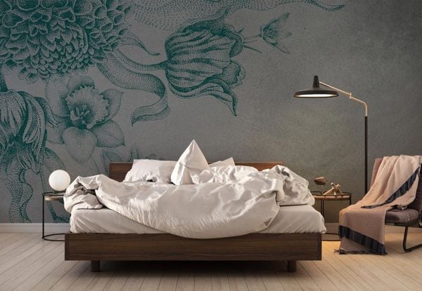 Tasarım Nokta Çalışması Yeşil Çiçekler Duvar Kağıdı