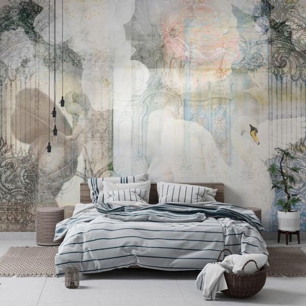 Beyaz Kuğu Ve Çiçekler Duvar Kağıdı